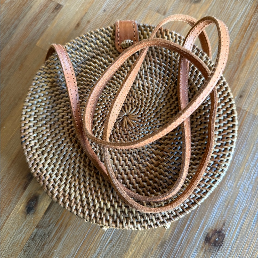 Folk Fortune Round Woven Rattan Bag with Tan Leather Straps